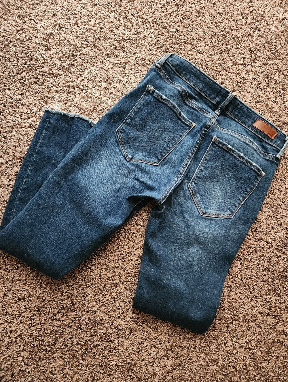Women's Distressed Blue Denim Jeans , Threadable Raw Hem, Skinny Low Rise Fit